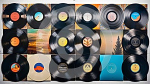 Big Collection of vinyl records. Assortment of vinyl LPs. Top view. Background. Concept of music diversity, vintage
