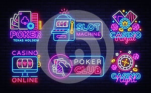 Big colletion neon sign. Casino logos and emblems. Casino Design template neon sign, Slot Machine light banner, Poker