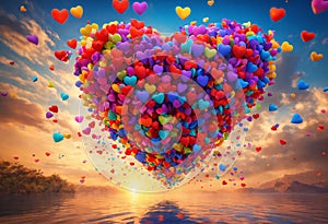 Big colorful heart consisting of small light air hearts above the water against the background of the evening sunset sky