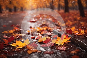 Big colorful maple leaf on wet pavement with other autumn leaves.