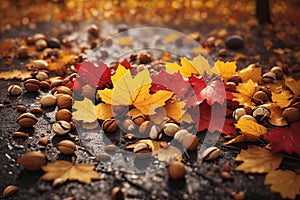 Big colorful maple leaf on wet pavement with other autumn leaves.