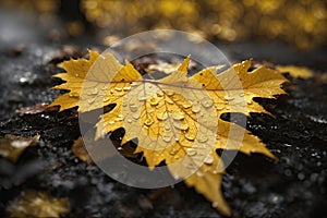 Big colorful maple leaf on wet pavement with other autumn leaves.