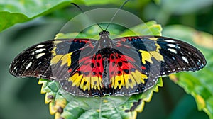 Big colourful butterfly standing on green leaves