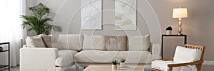 Big comfortable sofa in living room. Banner design