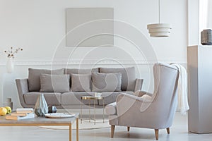 Big comfortable wing back armchair next to long grey scandinavian sofa with pillows in bright living room interior