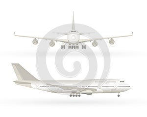 Big commercial jet airplane. Airplane in profile, from the front view. Aeroplane isolated. Aircraft vector illustration