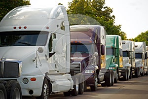 Big commercial transportation trucks lined on road