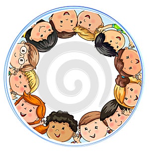 Big company joyful children different nationalities in circle