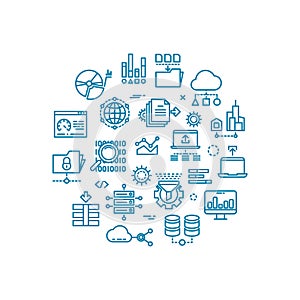 Big computer data outline vector icons in circle design