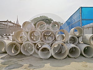 Big concrete pipes in construction.
