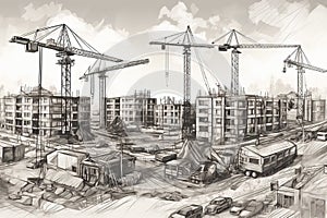 big construction site with cranes in a sketch style, which may evoke a sense of industriousness, progress, and urban