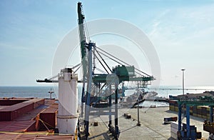 big container ship in libreville harbour in gabon west africa