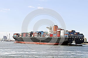 Big container ship and pilot boat