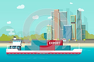 Big container ship sailing in ocean or sea port with lots of cargo containers vector illustration, flat carton shipping