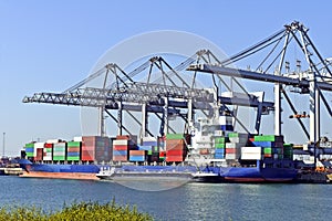 Big container ships with cranes