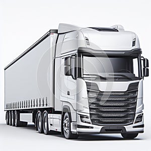 A big contemporary truck with a white trailer and a red cab. Seen from the side on a white background. ai generative