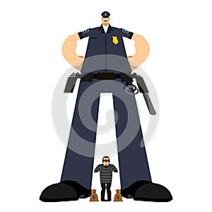 Big Cop and Robber Detention. Serious Policeman and burglar arrest. Strong Officer Police and mugger and money bag. Vector