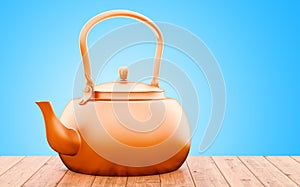 Big Copper Kettle on the wooden table. 3D rendering