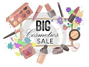 Big cosmetics sale banner vector illustration. Cosmetic products such as lipstick, eye shadows,mascara, eyeliner, nail