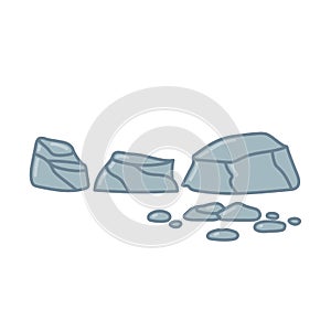 Big cracked stones set. Rocks for garden design. Hand drawn illustration in cartoon style. Vector isolated on white background
