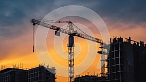 Big crane and building construction against beautiful dusky sky