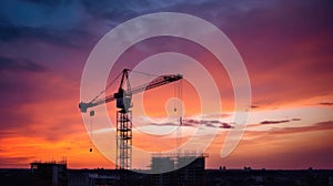 Big crane and building construction against beautiful dusky sky