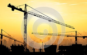 Big cranes and building construction against beautiful dusky sun