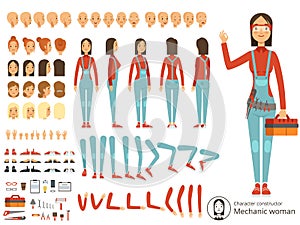 Big creation kit of girl mechanic in working clothes. Vector constructor with body parts