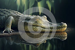 Big crocodile caiman alligator enters the water against the backdrop of tropical plants on the shore. Crocodile in reflection