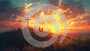 Big cross in a hill at sunset