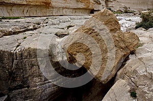 Big cube stone in Nahal Darga canyon ,Judean desert, Israel