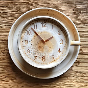 Big cup of coffee with a clock face made of cappuccino foam