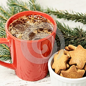 Big cup of coffee. Gingerbread Cookie. NewYear. Christmas tree