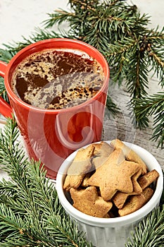 Big cup of coffee. Gingerbread Cookie. NewYear. Delicious recipe