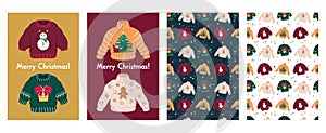 Big cute Christmas set with ugly sweaters cards and patterns.