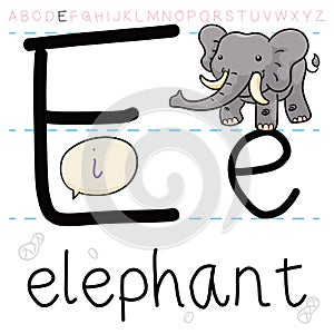 Big and Cute Elephant Teaching the Letter E and Alphabet, Vector Illustration