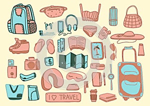 Big cute set of travel in cartoon style. Vector illustration.Tourism and summer sketch with travelling elements