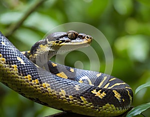 Big Dangerous Python Snake in Jungle on tree, Generative AI