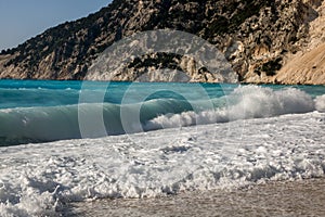 Big and dangerous waves on Myrtos beach on Greek island Kefalonia