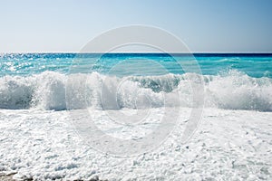 Big and dangerous waves on Myrtos beach on Greek island Kefalonia