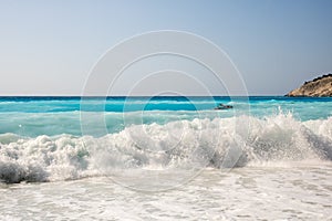 Big and dangerous waves on Myrtos beach on Greek island Kefalonia