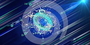 Big data. Abstract background with chaotic  lines connecting dots of torus with blurred lines.  Analytics algorithms data. Quantum