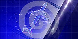 Big data. Abstract  background with digital  color grid mesh airplane and blurred lines on blue sky.  3d wireframe  plane
