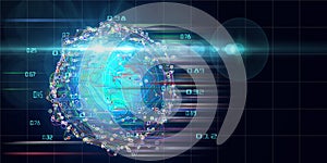 Big data. Abstract background  of layered analysis curve paths data. Noise sphere with color curves, blurred lines and lens