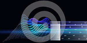 Big data. Abstract background with wireframe wavy algorithm analyze data with blurred lines.  Quantum cryptography concept.