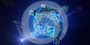 Big data. Abstract technology background with color grid of poly cube and spot.  Analytics algorithms data.  Quantum cryptography