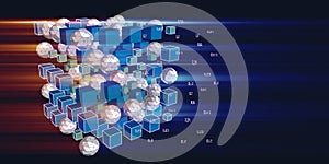 Big data. Abstract visualization analyze algorithm cubes and spheres.  Quantum virtual cryptography. Virtual reality concept with