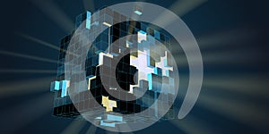 Big data.  Abstract visualization analyze algorithm big group cubes data. Quantum virtual cryptography. Virtual reality concept