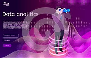 Big data analitics isometric design concept. Man in suit use binocular spyglasses.