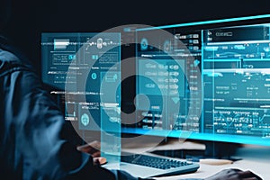 Big data analysis with AI technology for business analytics. Virtual computer screen.